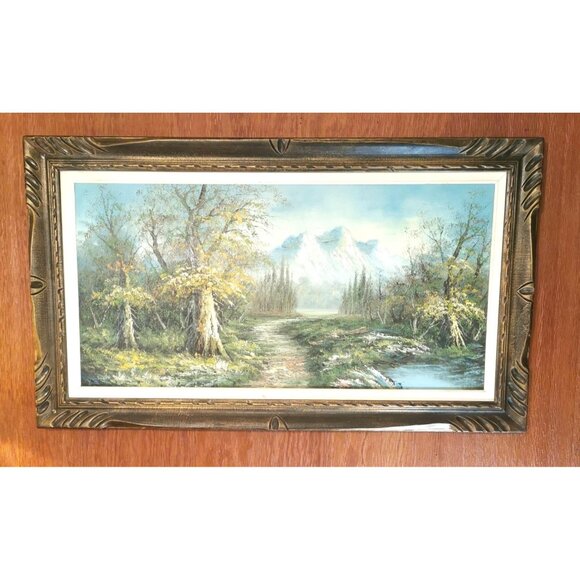 XXL 70s Impasto Oil Painting Mountain Landscape 47.5" Wide Etched Wood Frame - Picture 3 of 10
